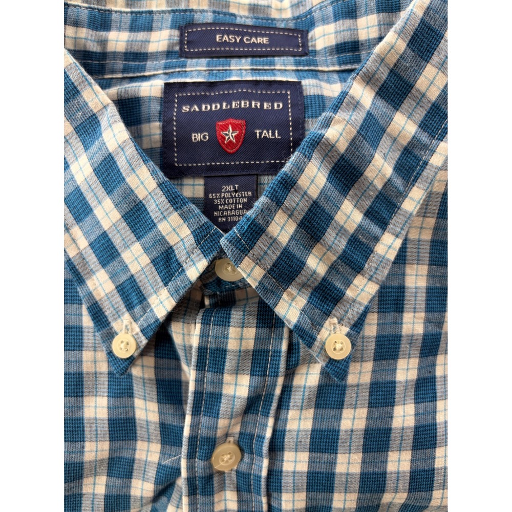 Saddlebred Mens Button Down Long Sleeve Shirt 2XLT Blue Gingham Easy Care